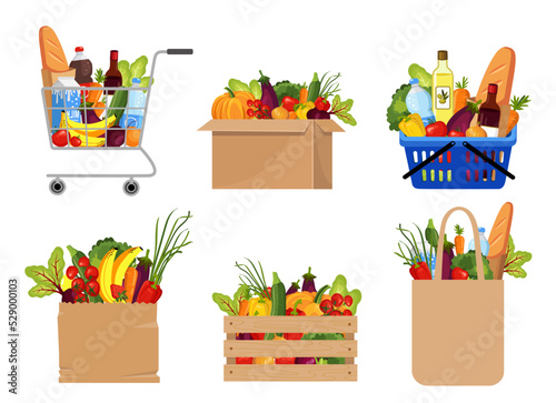 Set of vector illustrations for bags and baskets. Grocery shopping, paper bag, wooden box groceries box. Natural food, organic fruits and vegetables. department store goods