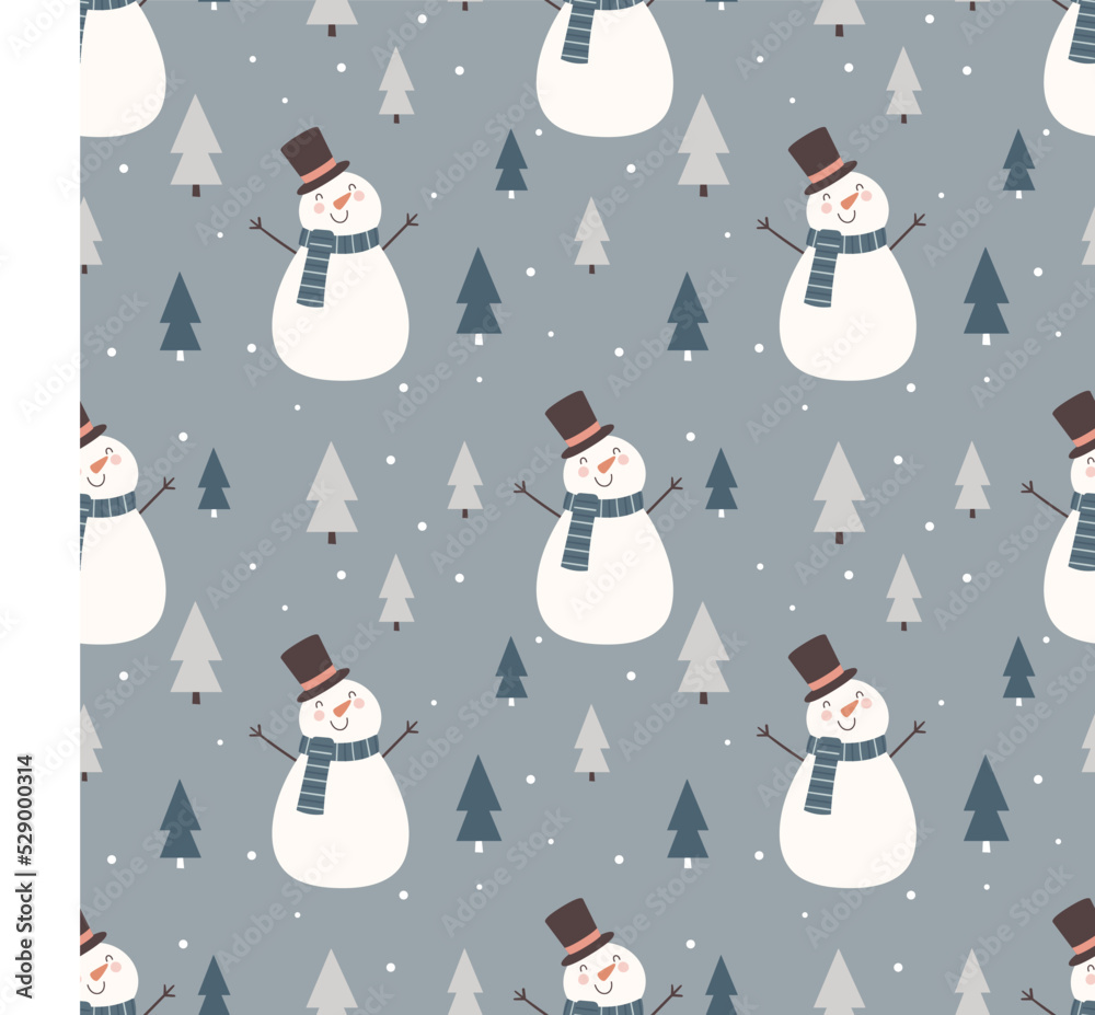 Seamless winter pattern with cute snowmen and Christmas trees.