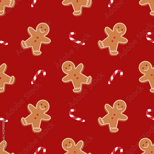 Seamless christmas pattern gingerbread man and candy cane on red background.