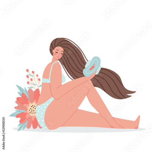 Woman holding menstrual pad with blood hygiene device with flowers and leaves. Hand drawn menstrual period concept  menstruation  PMS  premenstrual syndrome. Vector drawn illustration.