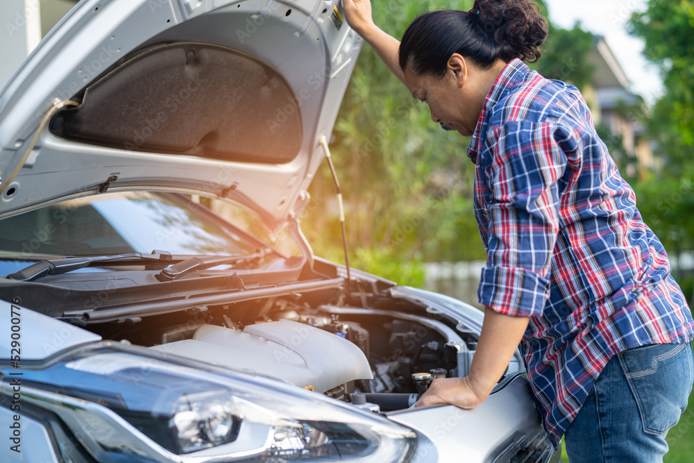 Open hood mechanic engine system to check and repair damage car crash. Open hood mechanic engine system to check and repair damage car crash.