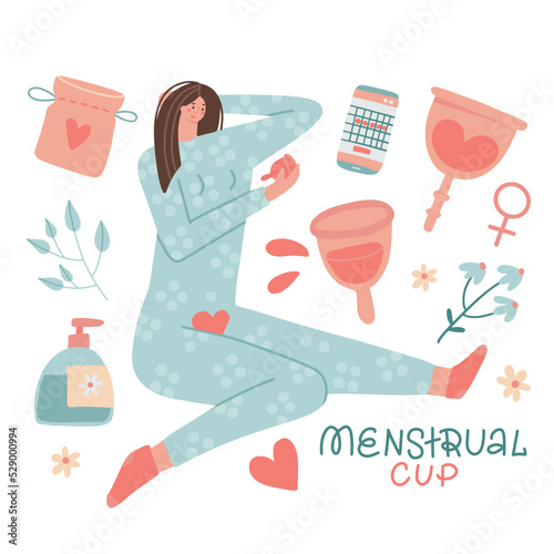 Set with Menstrual Cup for Female Monthly Period, girl holding cup, textile pocket and Liquid Soap in Bottle. Vector flat hand drawn illustration. Eco friendly. Zero waste.