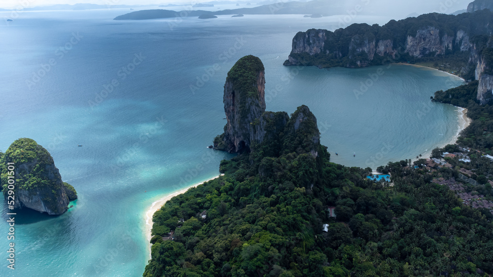 Aerial photography of Railay beach. Paradise. Asia. Crystal clear waters on the trip to Thailand. Ao Nang Bay