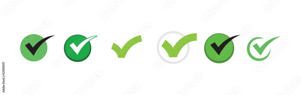 Check mark icons. Green tick approval. Check mark icons. Green tick approval.