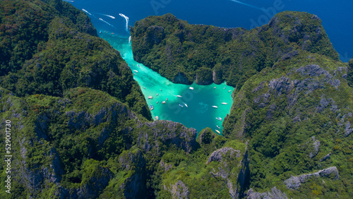 Aerial photography of the Phi Phi Islands. Paradise. Asia. Crystal clear waters on the trip to Thailand.  photo