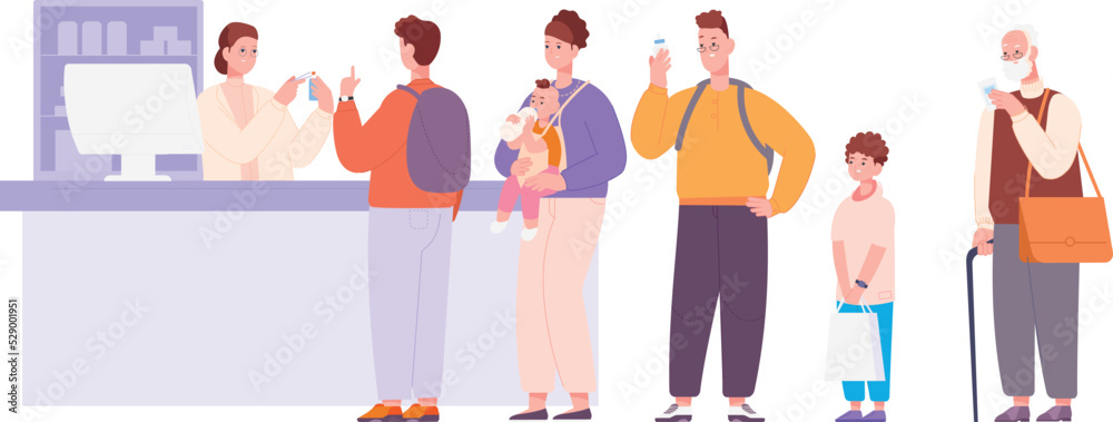 People standing in queue to pharmacy store counter People standing in queue to pharmacy store counter