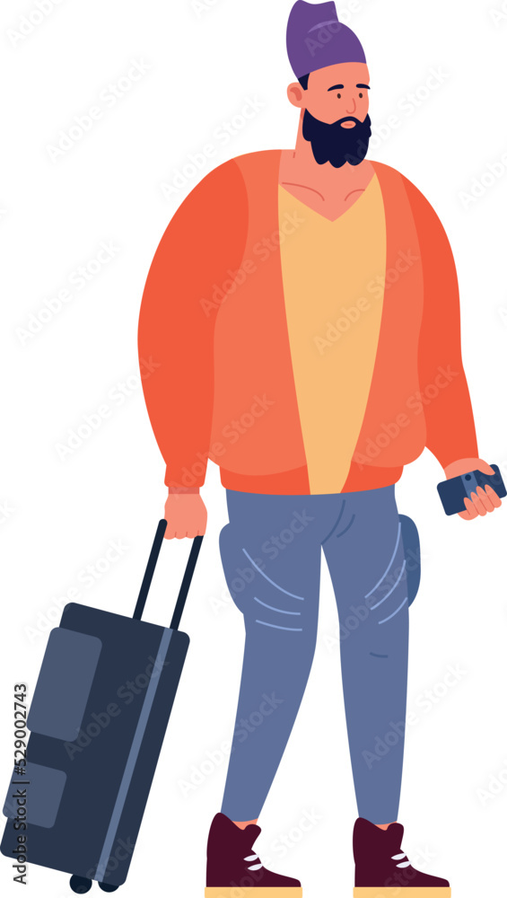Bearded man with suitcase. Tourist departure to journey travel