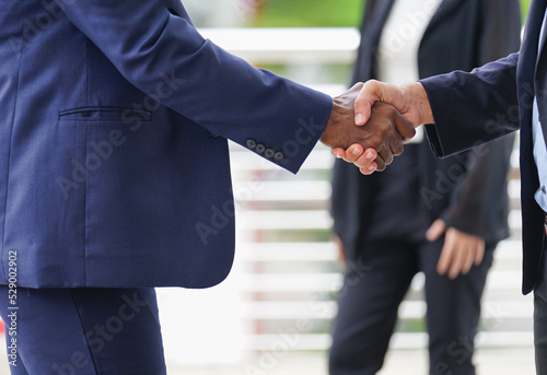 two business people shaking hands to greet each other