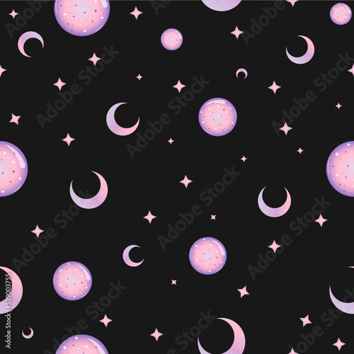 Crystal ball, Halfmoon, and Stars. Vector Halloween seamless patterns collection in purple, pink and white gradient. Best for textile, print, wrapping paper, and festive decoration. Black background