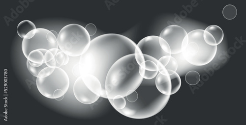 Soap foam bubbles. Realistic white glowing mockup