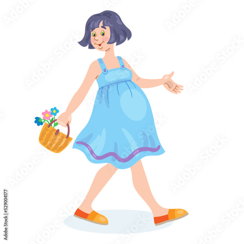 Young cute pregnant woman walking with little bag and flowers in summer. In cartoon style. Isolated on white background. Vector illustration