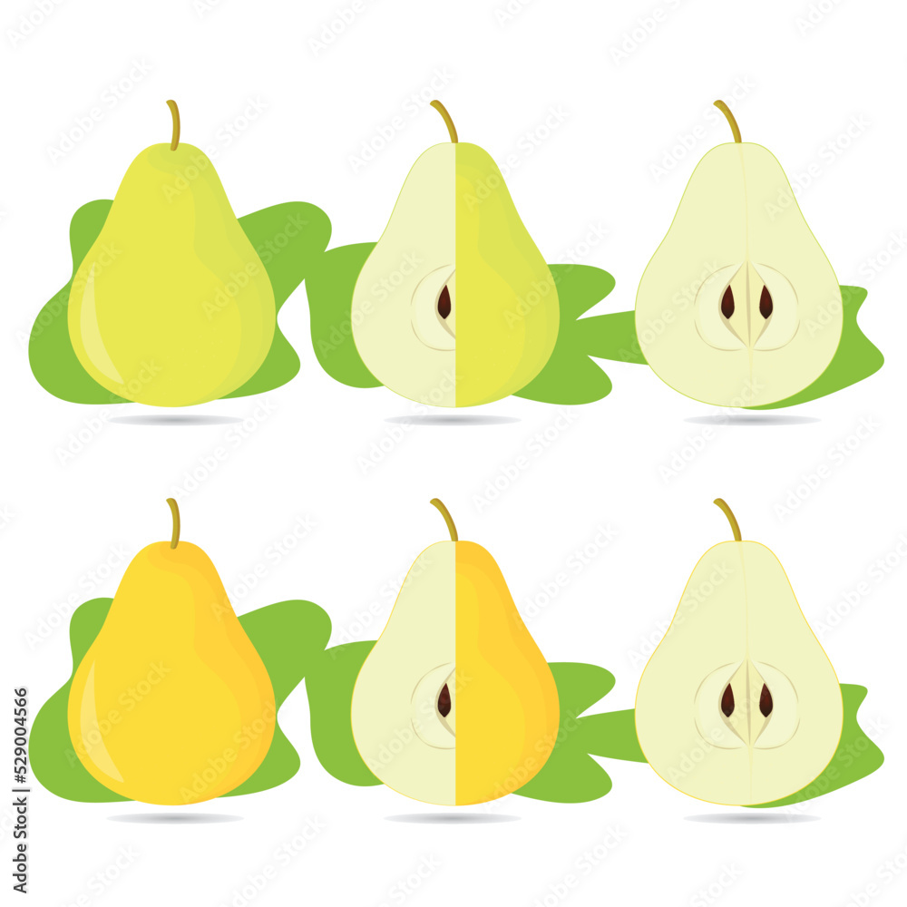 Green pear cartoon set. Cross section of cut pear and whole fruit, isolated vector illustration. Green pear cartoon set. Cross section of cut pear and whole fruit, isolated vector illustration.
