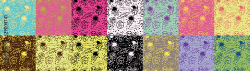 incredibly interesting and cute space doodle with flying saucer, rocket, planets, stars and aliens. Beautiful print for wallpaper and clothes in vector. Pattern. Color set