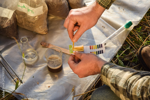 Fototapeta Closeup of agronomy specialist testing soil sample ph value outdoors, using laboratory equipment, performing soil certification at agricultural grain field sunrise