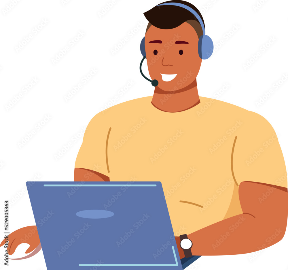 Black man in headset working on laptop. Freelancer character Black man in headset working on laptop. Freelancer character
