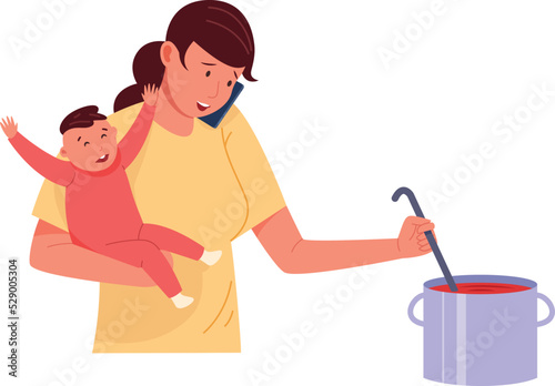 Young mother holding baby and cooking soup. Household activity