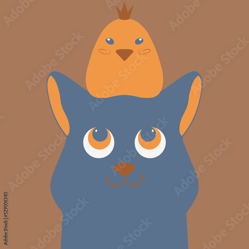 A gray cat with a chicken on his head. Cute illustration of animals. Friendship of a bird and a cat. Happy pets.
