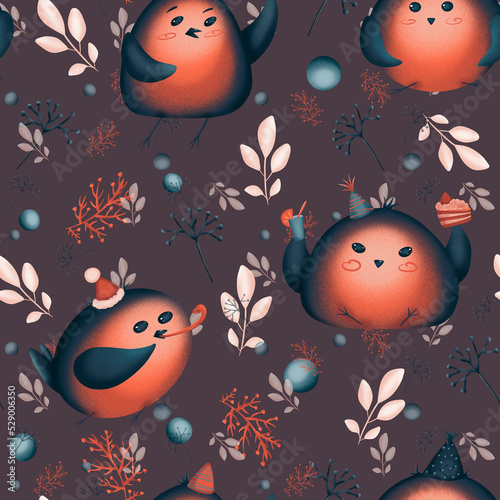 Seamless pattern of snowbirds in holiday caps. New Year's, Christmas pattern. Illustration with birds and plants.