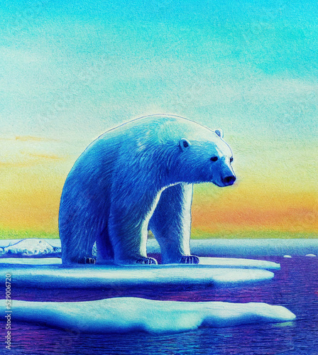 Colorful sketch of a sad, lonely polar bear standing on the last melting ice. Global warming or climate change concept.