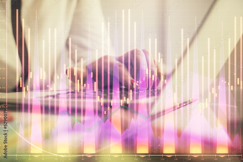 Double exposure of businesswoman hands typing on computer and financial graph hologram drawing. Stock market analysis concept. Double exposure of businesswoman hands typing on computer and financial graph hologram drawing. Stock market analysis concept.