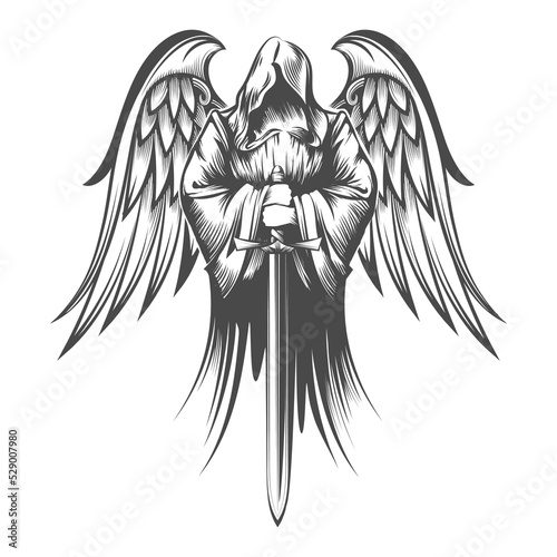 Angel with Wings Holds Sword Engraving Tattoo