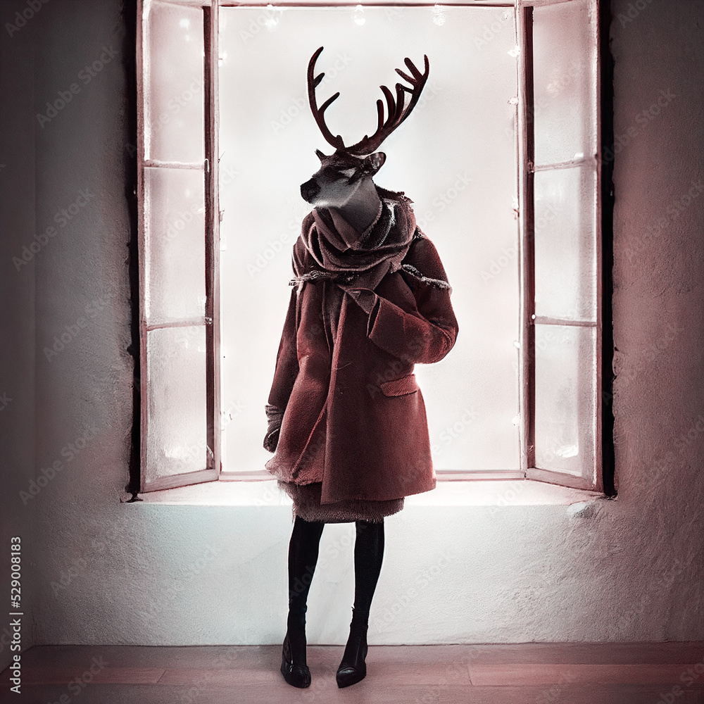 Surreal hybrid creature Elaphocentaurs half woman half deer in mythologie standing in front of an open window, winter season with snow, christmas, illustration - obrazy, fototapety, plakaty 