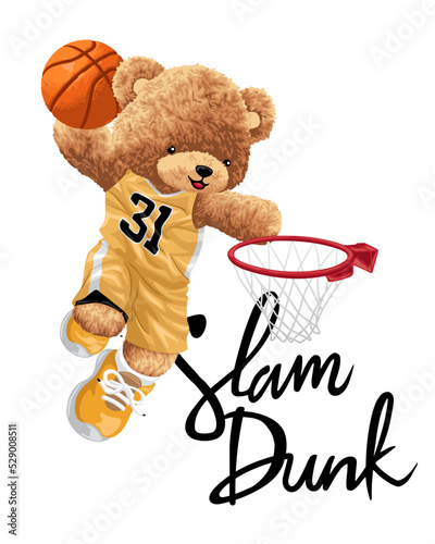 Hand drawn vector illustration of teddy bear playing basketball