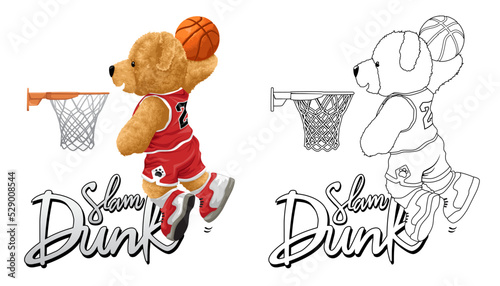 Hand drawn vector illustration of teddy bear playing basketball. Coloring book or page