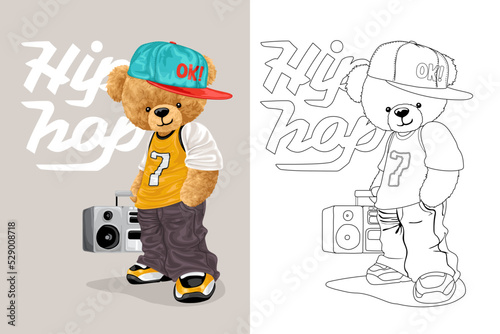 Hand drawn vector illustration of teddy bear in hip hop style with tape recorder