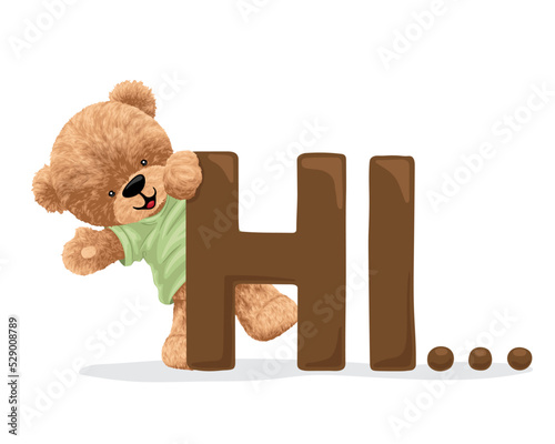 Hand drawn vector illustration of teddy bear with alphabet. Coloring book or page