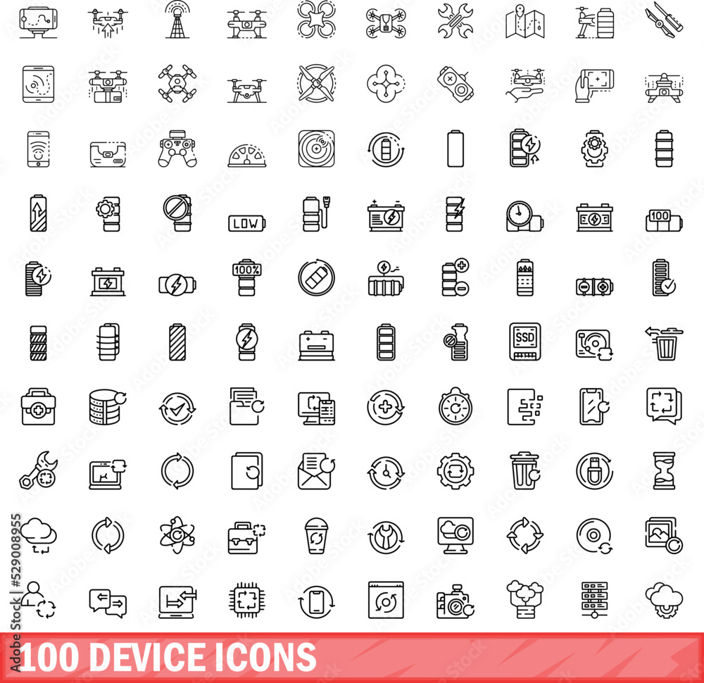 100 device icons set. Outline illustration of 100 device icons vector set isolated on white background