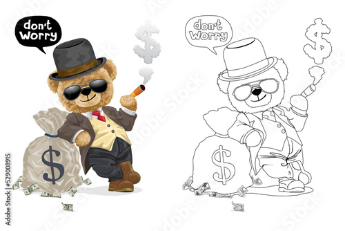 Hand drawn vector illustration of teddy bear in banker costume with money bag. Coloring book or page
