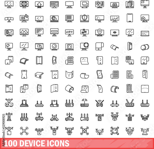 100 device icons set. Outline illustration of 100 device icons vector set isolated on white background