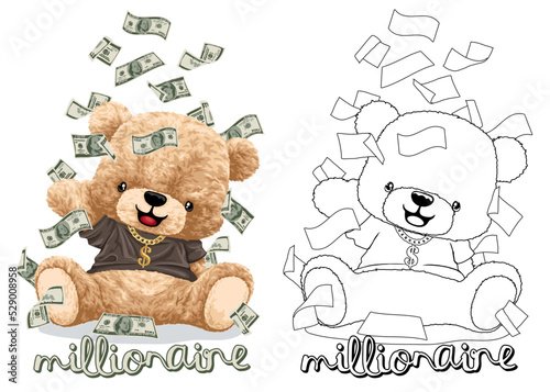 Hand drawn vector illustration of teddy bear with lot of money. Coloring book or page photo