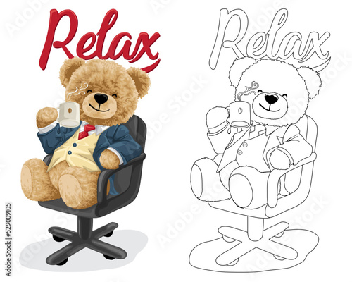 Hand drawn vector illustration of teddy bear in suit on chair drink coffee. Coloring book or page