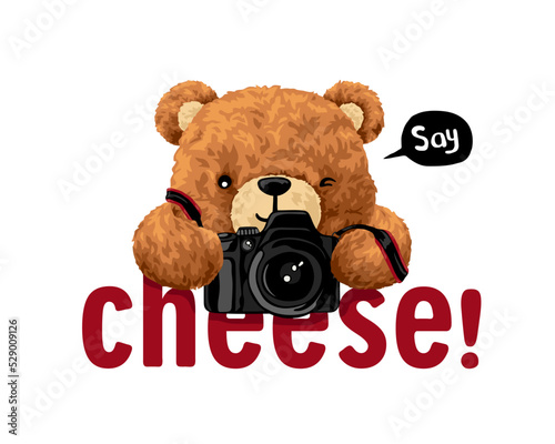 Hand drawn vector illustration of teddy bear with camera.