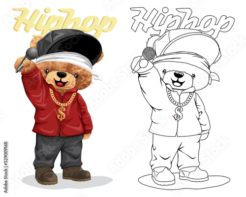 Hand drawn vector illustration of teddy bear in hip hop costume holding microphone