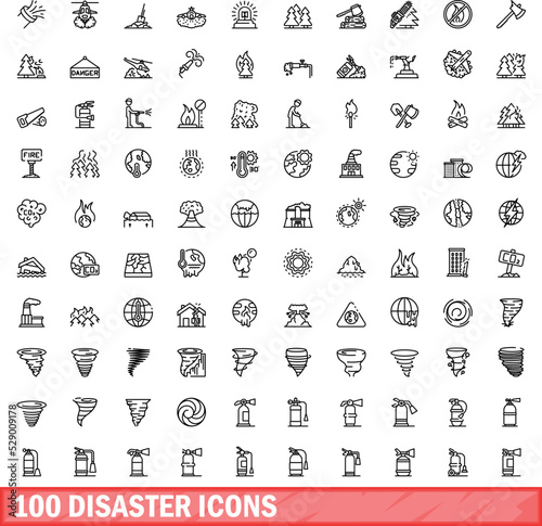 100 disaster icons set. Outline illustration of 100 disaster icons vector set isolated on white background