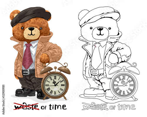 Hand drawn vector illustration of teddy bear in suit with big vintage clock. Coloring book or page