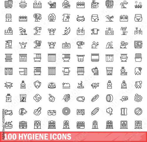 100 hygiene icons set. Outline illustration of 100 hygiene icons vector set isolated on white background