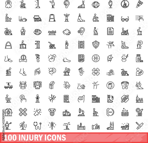 100 injury icons set. Outline illustration of 100 injury icons vector set isolated on white background