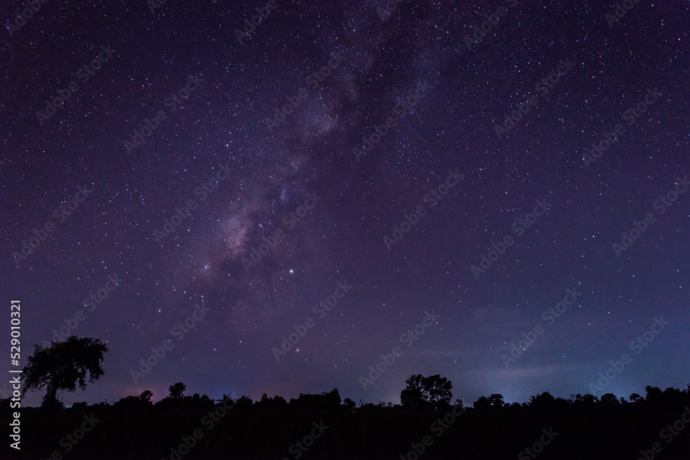 Panorama blue night sky milky way and star on dark background.Universe filled with stars, nebula and galaxy with noise and grain.