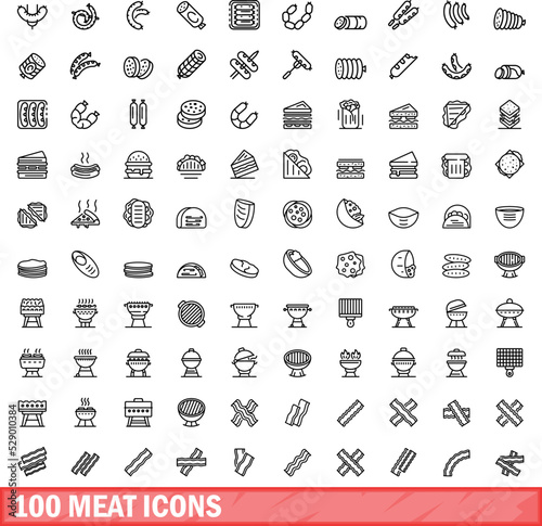 100 meat icons set. Outline illustration of 100 meat icons vector set isolated on white background