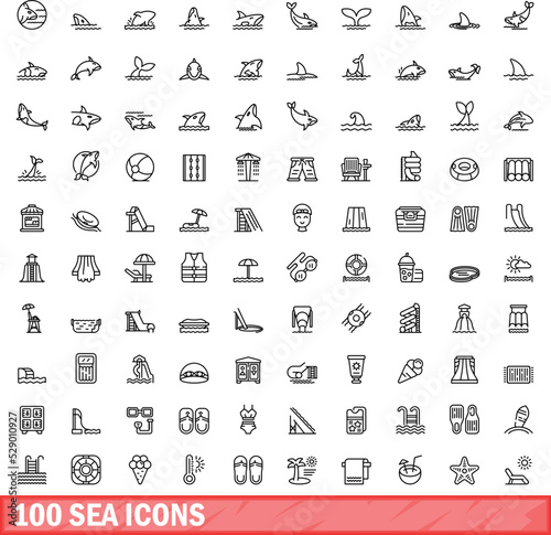 100 sea icons set. Outline illustration of 100 sea icons vector set isolated on white background