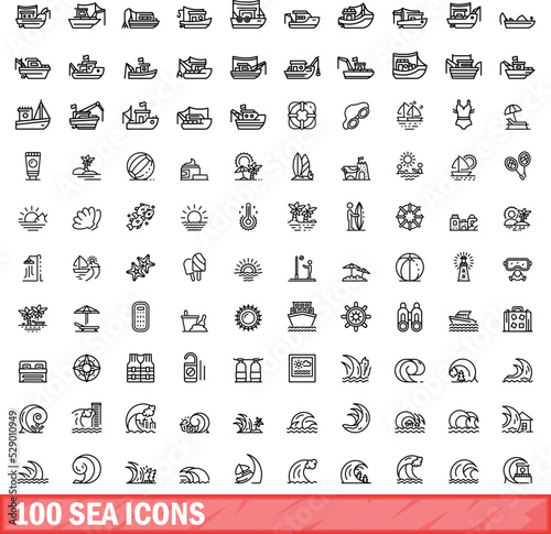 100 sea icons set. Outline illustration of 100 sea icons vector set isolated on white background