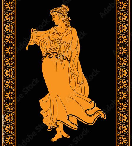 An ancient Greek woman in a tunic with bare feet stands, dances and gesticulates. The figure is isolated on a black background with meander