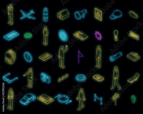 Excursion icons set. Isometric set of excursion vector icons neon color on black
