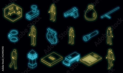Prison icons set. Isometric set of prison vector icons neon color on black
