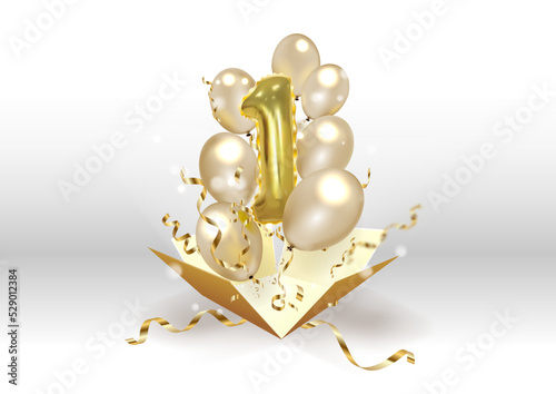 Celebrating of 1 st year birthday vector 3d illustration. First anniversary celebration.