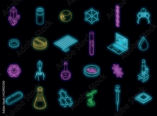 Nanotechnology icons set. Isometric set of nanotechnology vector icons neon color on black